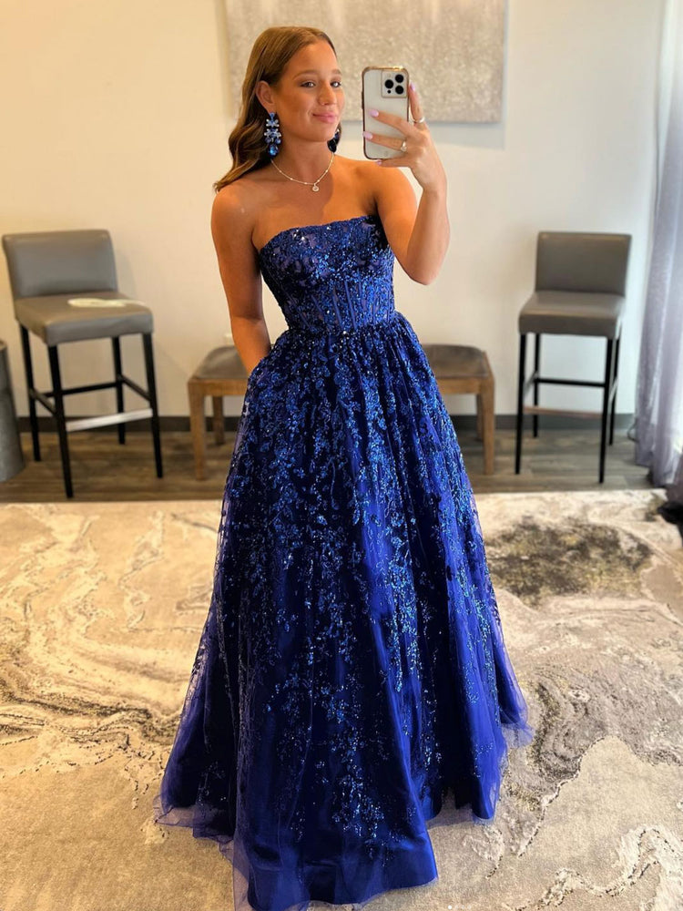 A Line V neck Navy Blue Prom Dress Sparkly Long Formal Evening Gown OK –  Okdresses